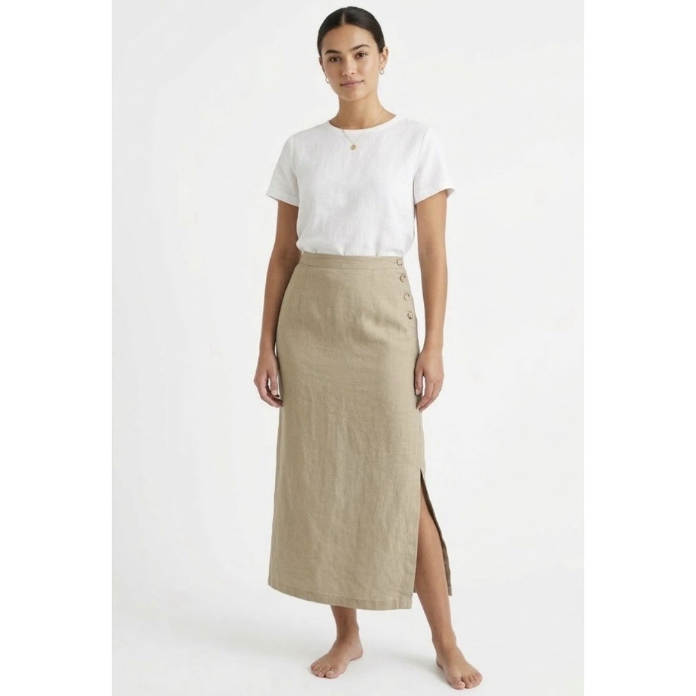 Eddie Bauer Womens Linen Maxi Skirt Beige Button Side Slit High Waist Size 16